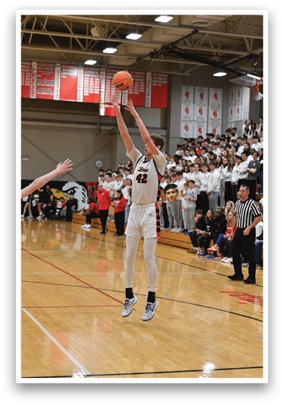 A basketball player is jumping in the air to shoot the ball. AI generated content