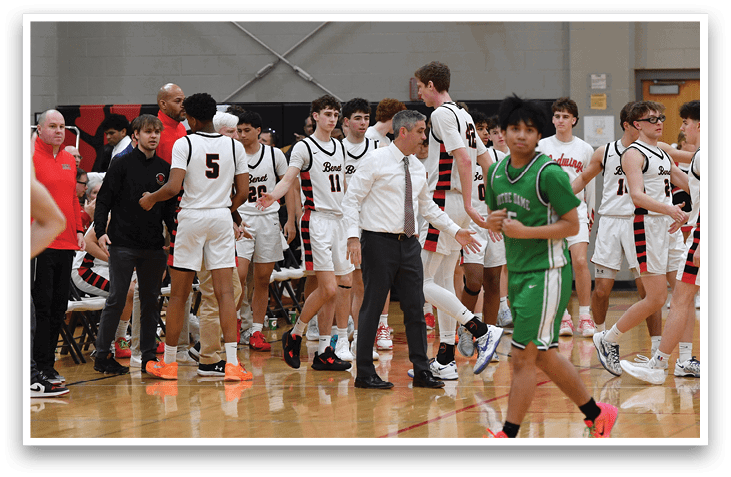 A group of young men in white and green uniforms are walking on a basketball court. AI generated content