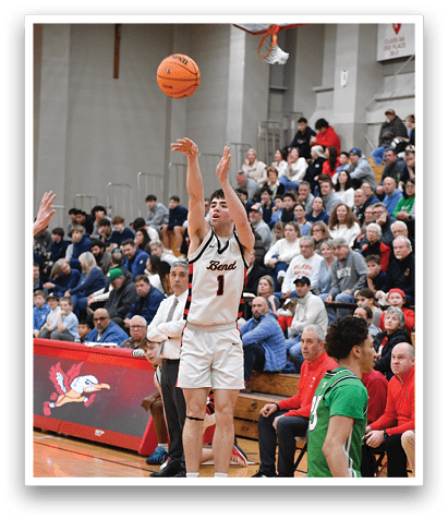 A basketball player is in the middle of a shot, surrounded by other players and spectators. AI generated content