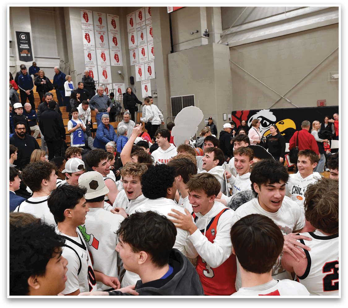 A group of young men in white and orange jerseys hugging each other. AI generated content