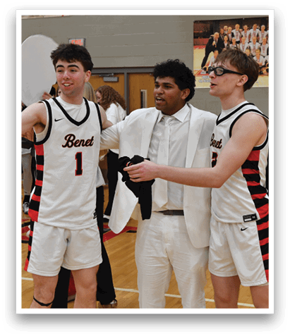 Three men wearing basketball uniforms are standing on a basketball court. One of them is holding a frisbee. AI generated content