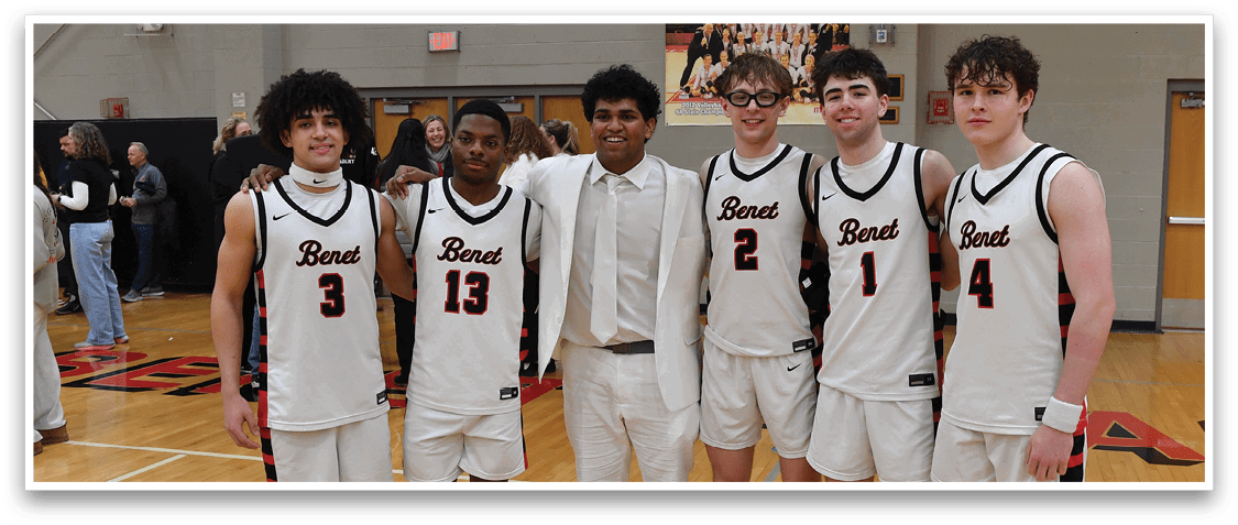 A group of young men wearing white uniforms pose for a photo on a basketball court. AI generated content