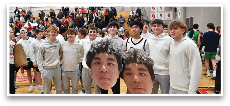 A group of people are standing on a basketball court, posing for a picture. They are wearing white shirts and some of them are wearing masks. AI generated content
