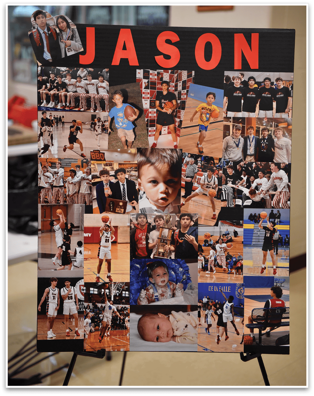 A collage of photos featuring a person named Jason is displayed on a stand. AI generated content