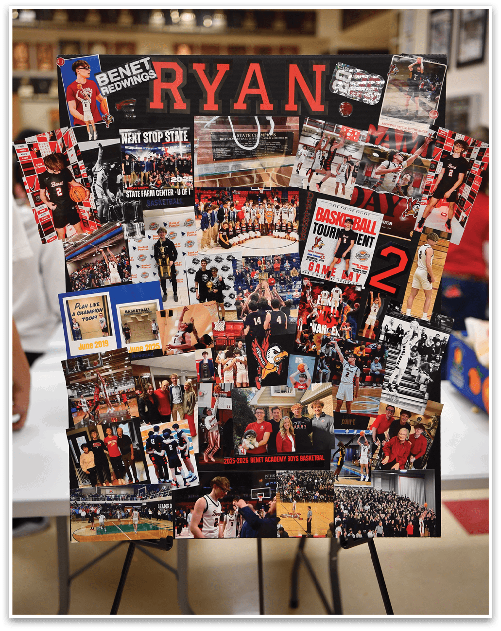 A collection of photos and memorabilia is displayed on a table, including a picture of a man in a red shirt. AI generated content