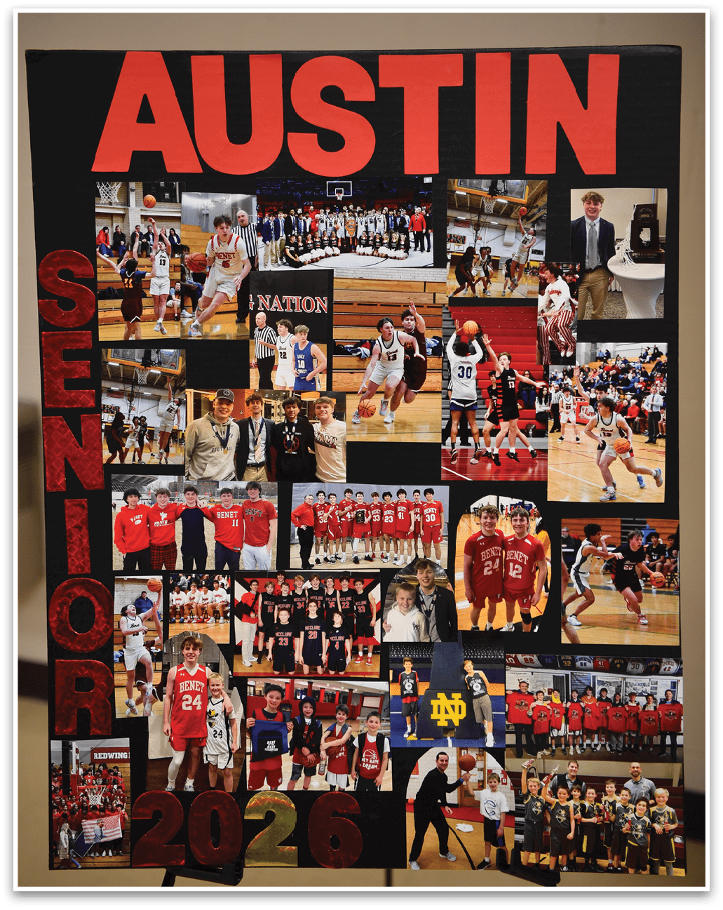 A collage of photos featuring people in red and white uniforms, with the word “Austin" written in red. AI generated content
