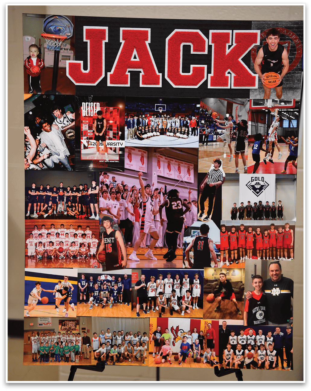 A collage of photos featuring a basketball team, including players and coaches, is displayed on a board. AI generated content