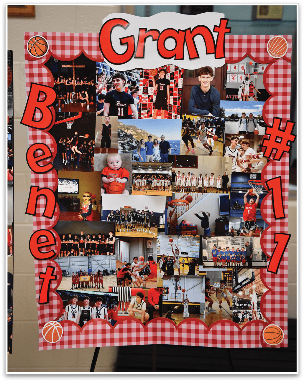 A collage of photos and words is displayed on a red and white checkered background. The photos include people playing basketball and a group of people posing for a picture. The words “Be the Best" are written above the collage. AI generated content