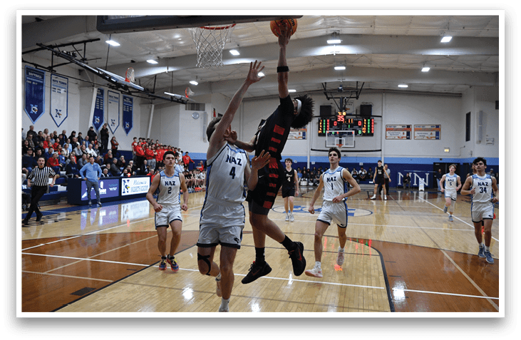 Two basketball players are leaping in the air to reach the basketball. AI generated content