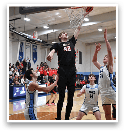 A basketball player is jumping in the air to shoot a basket. AI generated content