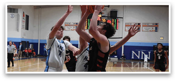 Basketball players on a court, one player is reaching for the ball. AI generated content