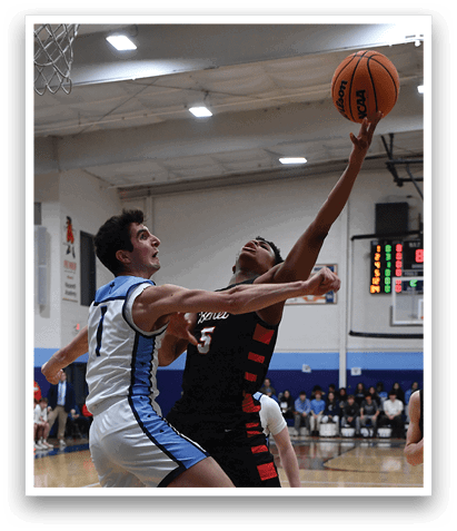 A basketball player is jumping in the air to catch the ball while another player tries to block him. AI generated content