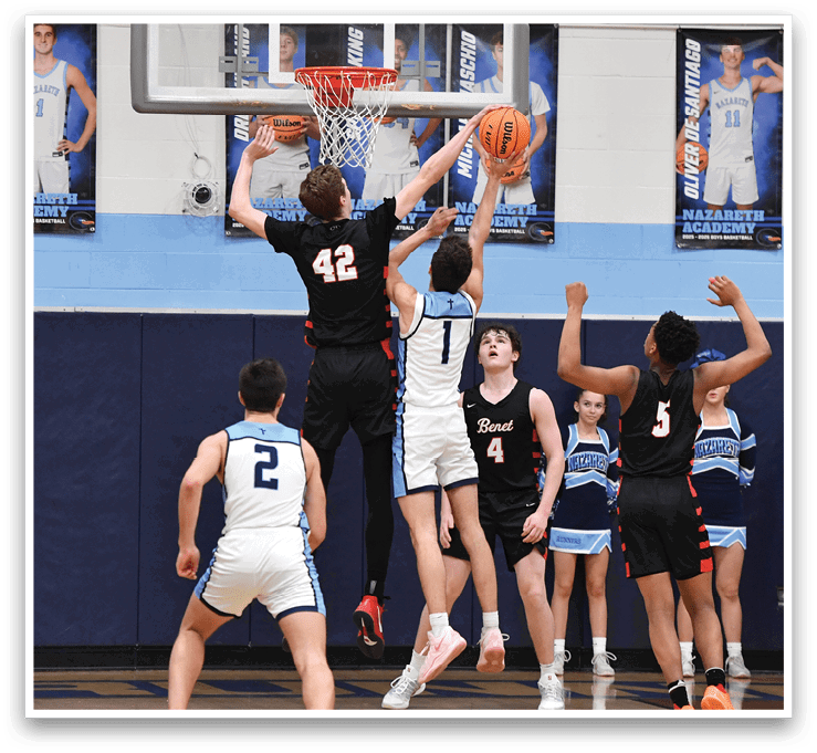 A basketball game is taking place with two teams playing against each other. A player is attempting to shoot the ball while another player tries to block the shot. The game is being watched by a crowd of people. AI generated content