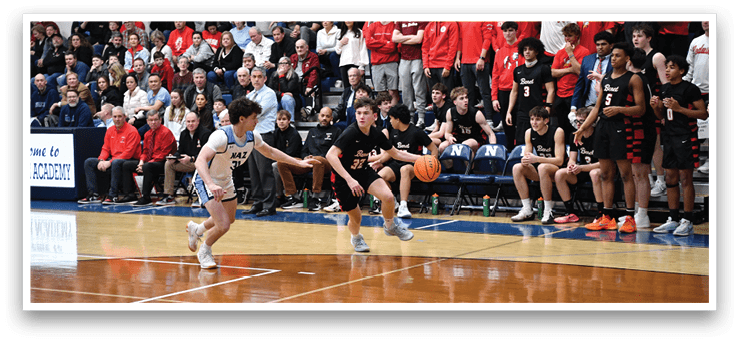 A basketball game is taking place with a group of people playing. The players are wearing red and white uniforms. The crowd is watching the game from the stands. AI generated content