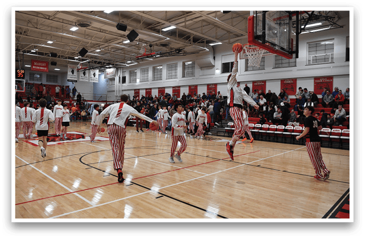 A basketball player is jumping to hit the ball in a gym. AI generated content