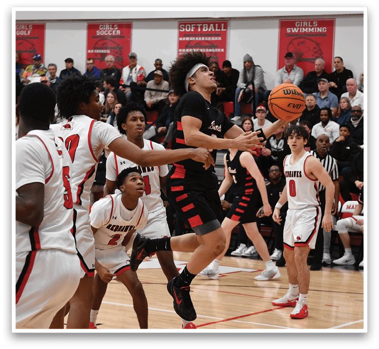 A group of basketball players on a court, one player is holding a basketball. AI generated content