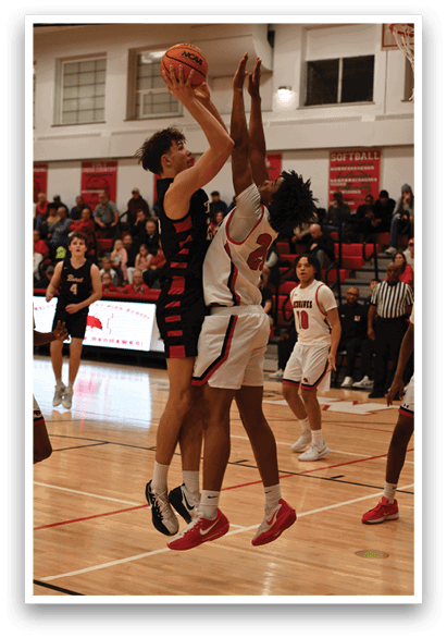 Two basketball players are fighting for the ball, with one player reaching for the ball and the other trying to block him. The crowd is watching the intense play. AI generated content