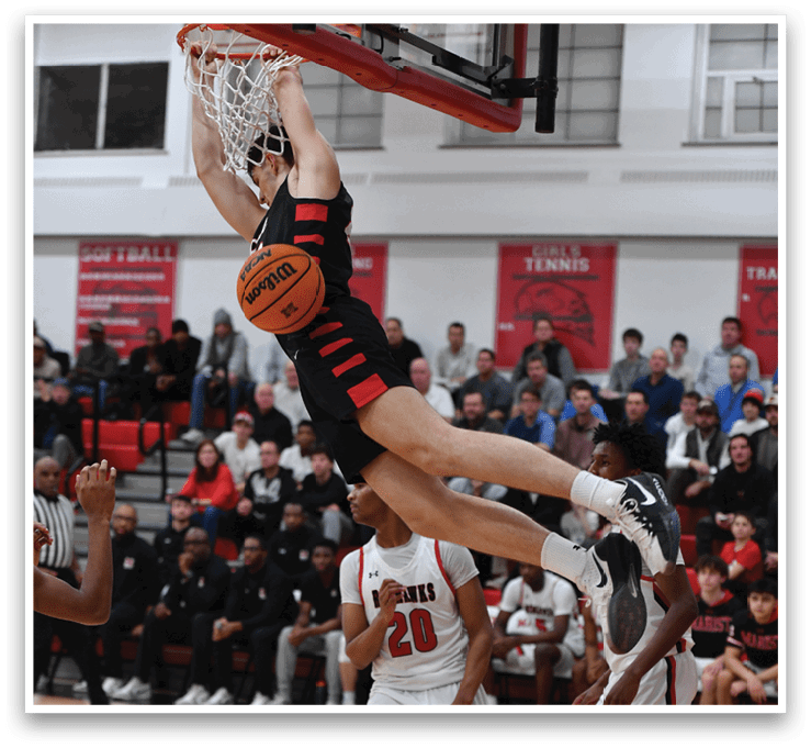 A basketball player is jumping in the air to dunk the ball. AI generated content