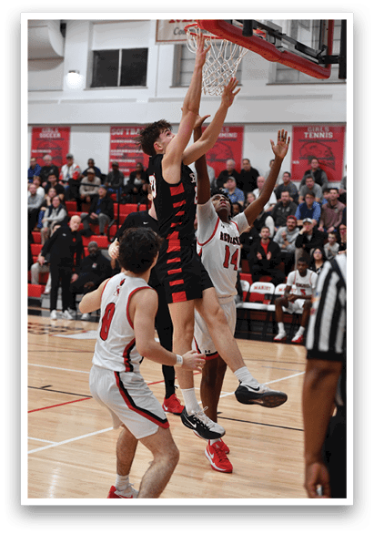 Basketball players on a court, one of them jumping to hit the ball. AI generated content