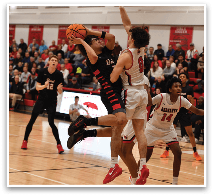 A group of men playing basketball, with one man attempting to block another player from scoring. AI generated content