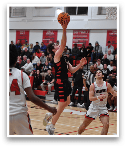 Two men are playing basketball, one of them is trying to block the other from getting the ball. AI generated content