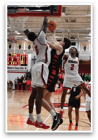 Two basketball players jumping for a rebound in a game. AI generated content