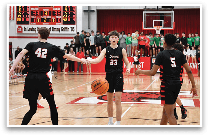 Basketball game in progress with players on the court and a crowd watching. AI generated content