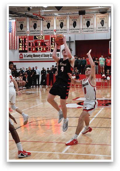 Basketball players on a court, one player is attempting to shoot the ball while others are defending. AI generated content