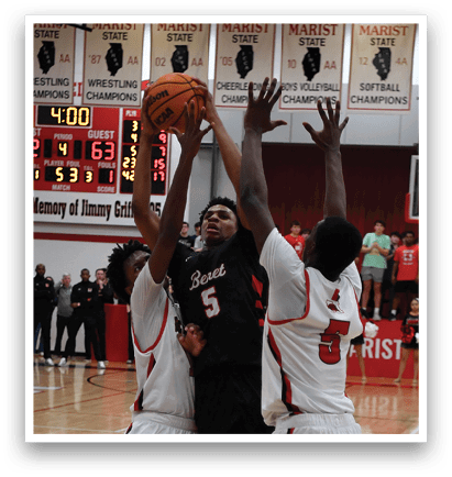 Basketball players on a court, one of them jumping to block a shot. AI generated content