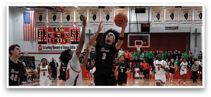 Basketball players on a court, one player is jumping to block a shot. AI generated content