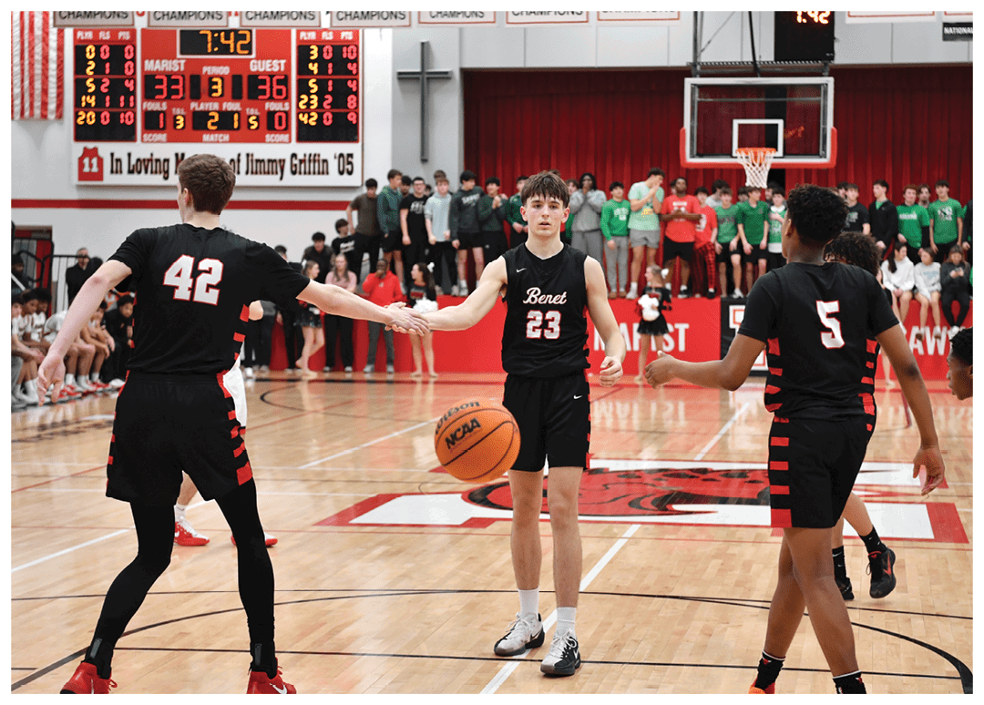 Basketball game in progress with players on the court and a crowd watching. AI generated content