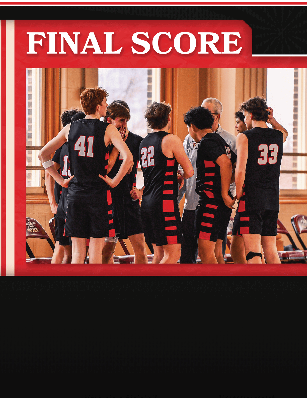 A group of basketball players wearing black uniforms and red and white shirts. AI generated content