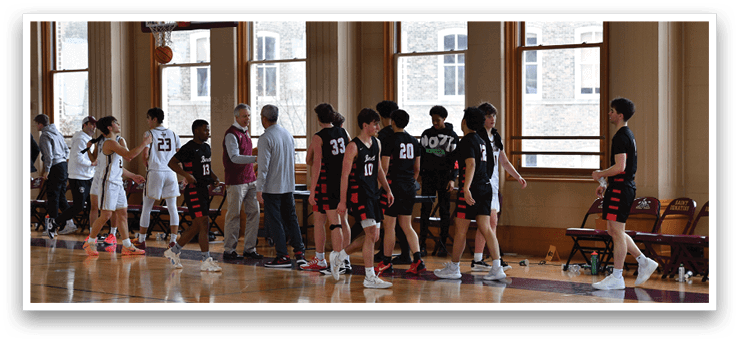A group of people are standing on a basketball court, some of them wearing uniforms. AI generated content