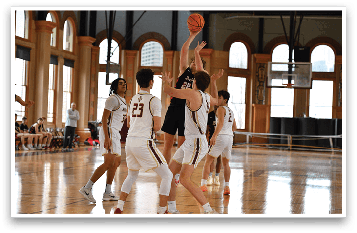 A group of men playing basketball in a gym. AI generated content