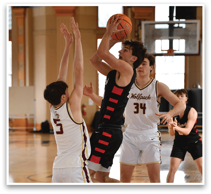 Two basketball players are running for the ball on a basketball court. AI generated content
