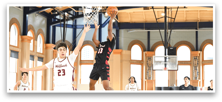 Two basketball players are playing in a gym. One player is trying to block the other player's shot. AI generated content
