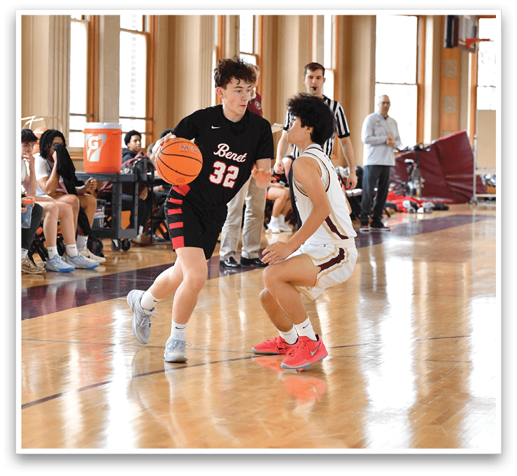 Two basketball players on a court, one holding a basketball. AI generated content