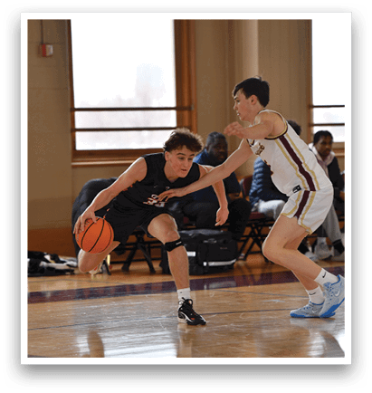 Two men playing basketball on a court. One man is holding a basketball. AI generated content