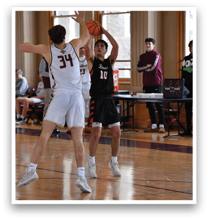 Two men playing basketball, one holding a basketball and the other with a hand on his head. AI generated content
