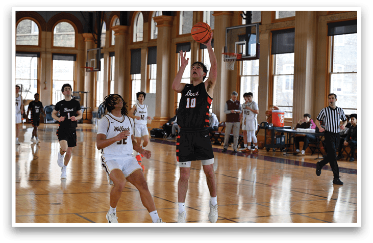 A basketball player is jumping in the air to shoot the ball. AI generated content