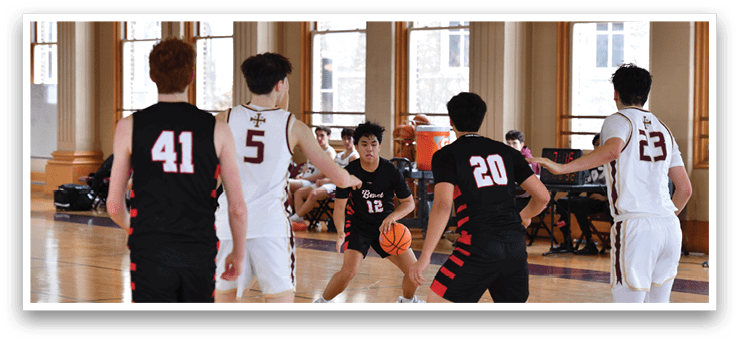 A group of men playing basketball in a gym. AI generated content