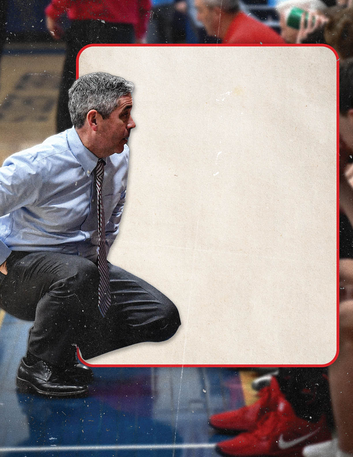 A man wearing a blue shirt and tie is bending over to look at a piece of paper. AI generated content