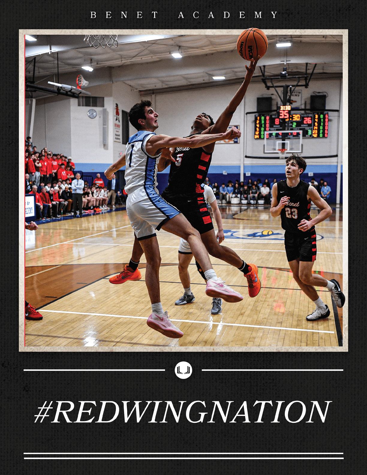 Basketball players on a court, one of them jumping to block a shot. AI generated content