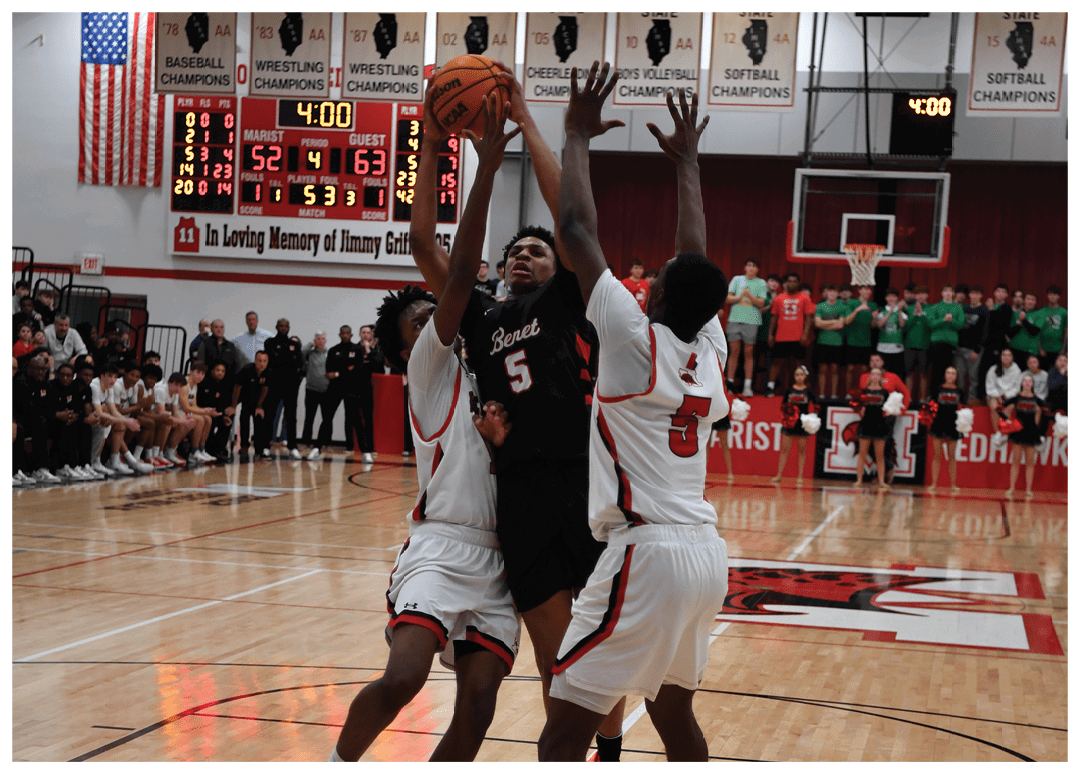 Basketball players on a court, one of them jumping to block a shot. AI generated content