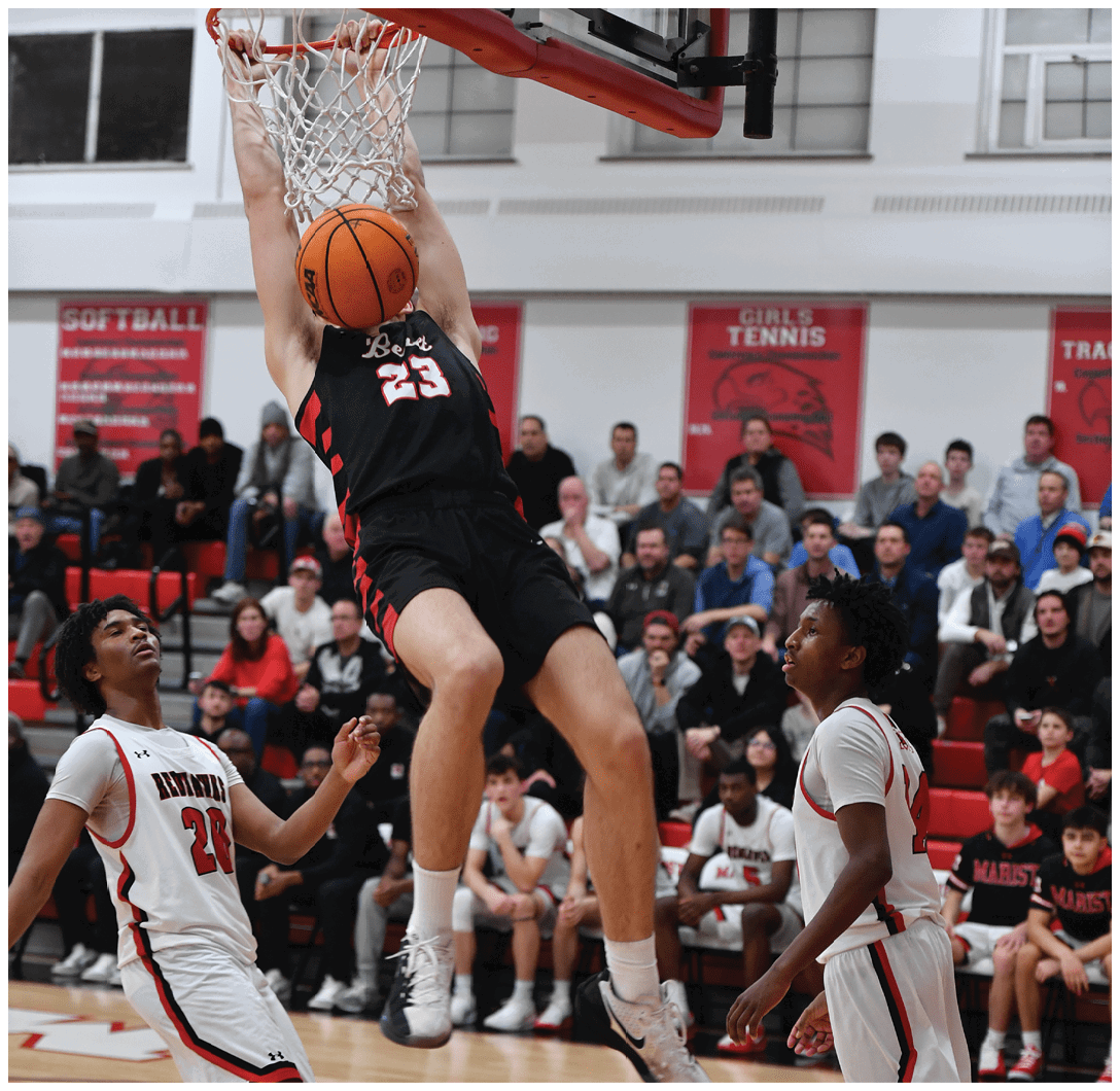 A basketball player is jumping to hit the ball, while another player tries to block him. The scene takes place in a gym with a crowd watching the game. AI generated content