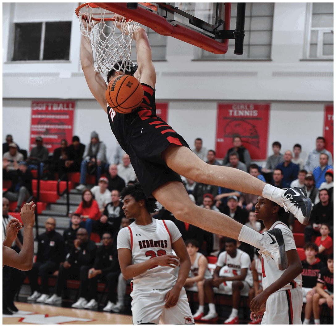 A basketball player is jumping in the air to dunk the ball. AI generated content
