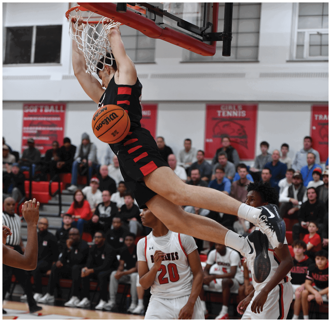 A basketball player is jumping in the air to dunk the ball. AI generated content