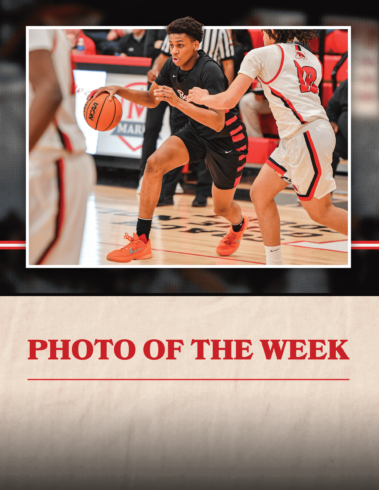 A basketball player in a black shirt and orange shoes is running with the ball. AI generated content