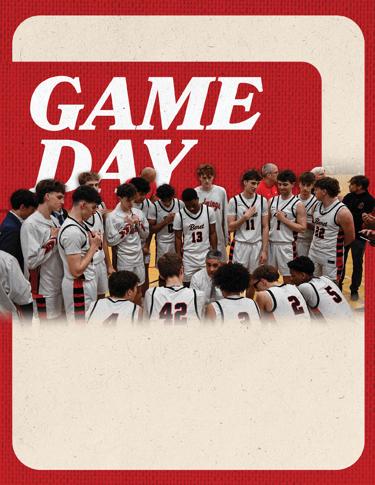 A group of young men wearing white uniforms are gathered together on a basketball court. AI generated content