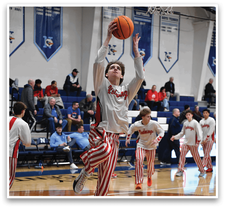 A basketball player is jumping to hit the ball. AI generated content